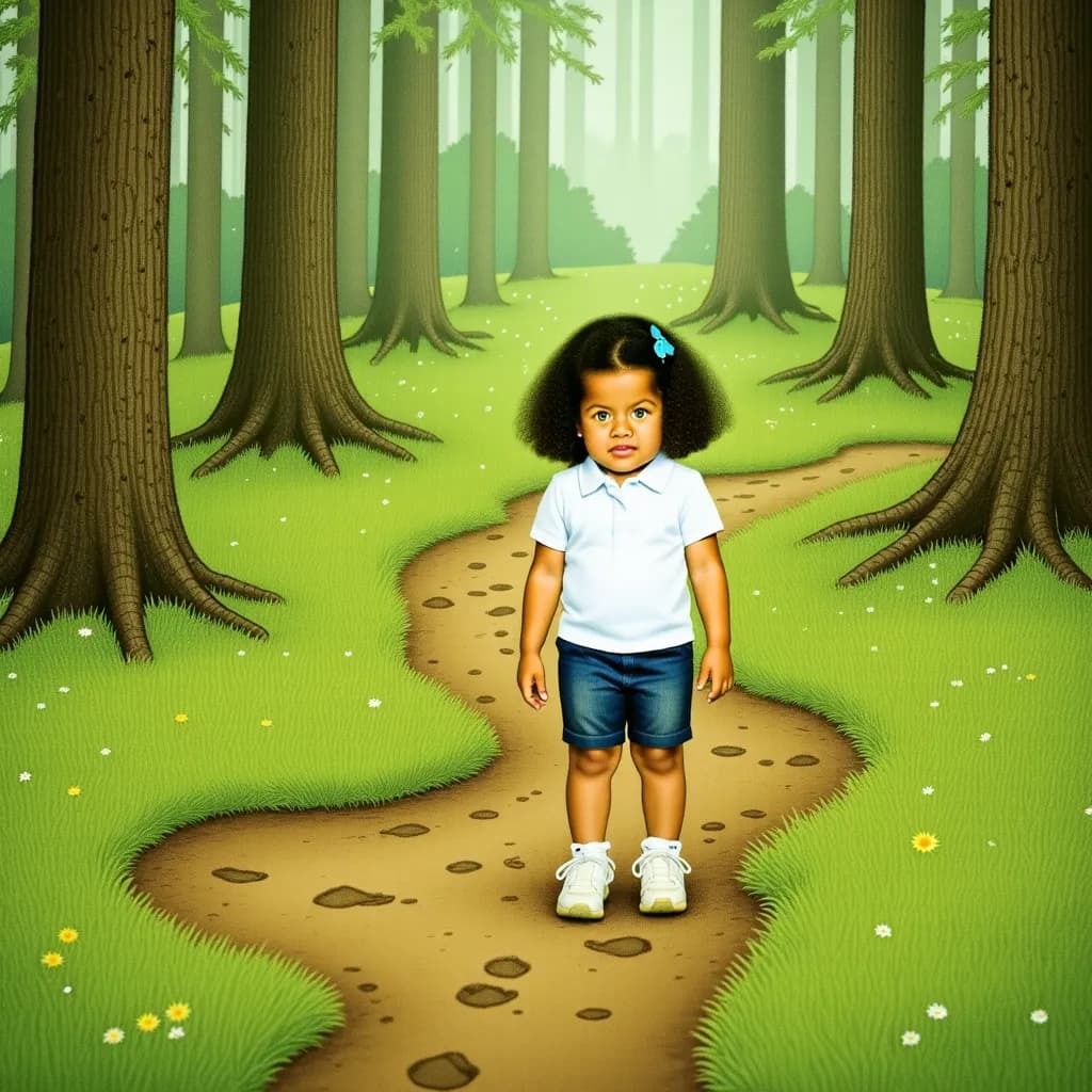 AI-generated illustration of Laura tiptoeing through puddles by a riverside — personalized character consistency